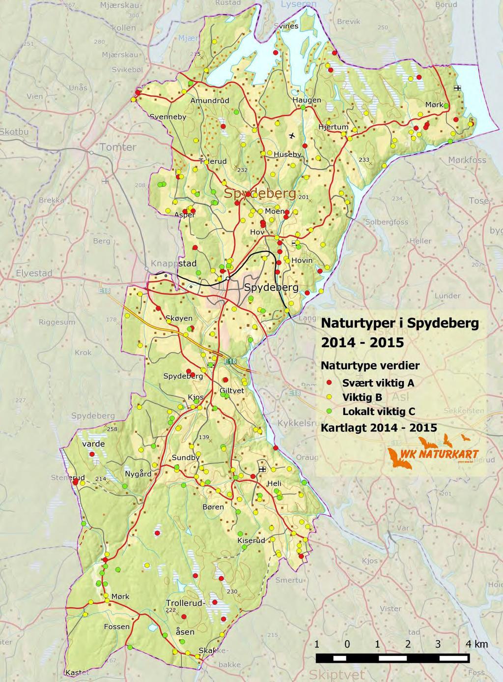 Wergeland Krog Naturkart Naturtypekartlegging i Spydeberg kommune 2014-2015. Fig. 2. Prikkart som viser senterpunktet til de 236 kartfestede naturtypelokaliteter i Spydeberg kommune.