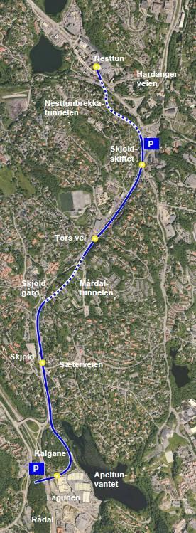 1. Innledning 1.1 Om prosjektet Bybanen mellom Bergen sentrum og Bergen lufthavn omfatter ca 20 km dobbeltsporet trasé mellom Bergen sentrum i nord og Bergen lufthavn, Flesland i sør.