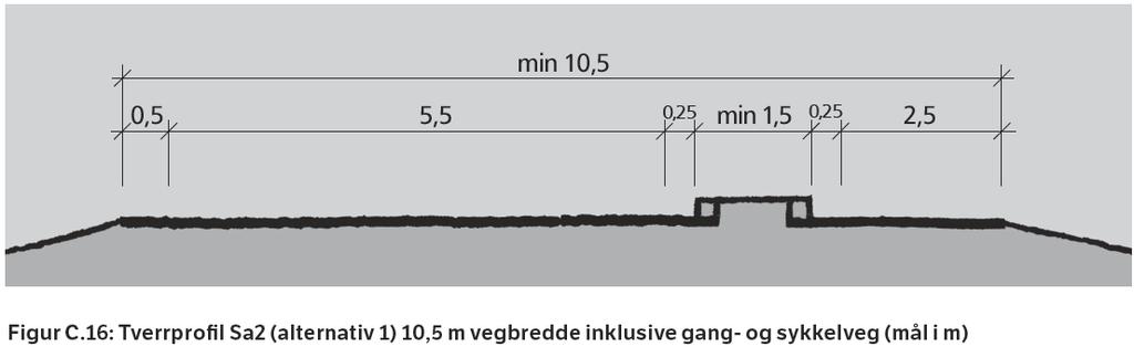 Statens vegvesen håndbok N100 bør fylkesvegen dimensjoneres etter klasse Sa2 Samleveger, fartsgrense 50 km/t.