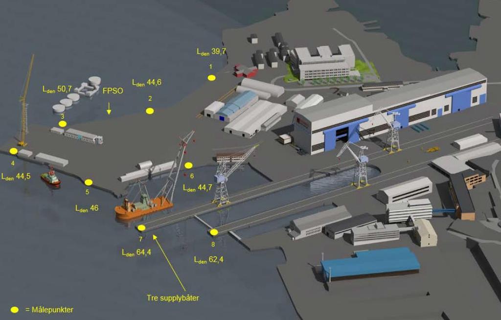 Illustrasjon av Rosenberg WorleyParsons prdokukjson og havneområde med målepunkt for støy.