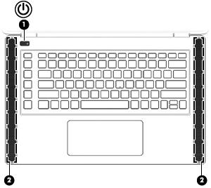 Knapper og høyttalere Komponent Beskrivelse (1) Av/på-knapp Når datamaskinen er av, trykker du på knappen for å slå datamaskinen på.