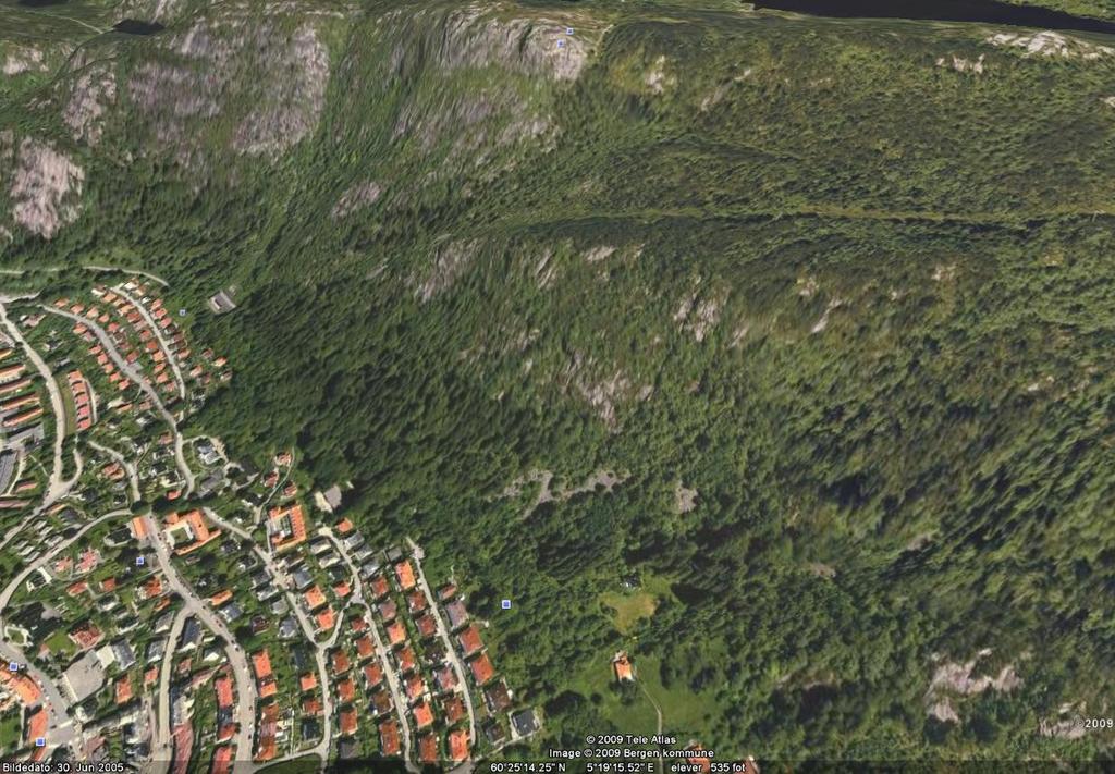 Fig. 2 Foto figur 2 viser et skråfoto over området (earth.google.com). En forholdsvis stor ur, tildels uten vegetasjon, kan sees over Fjellveien midt på bildet. 5. FELTOBSERVASJONER 5.
