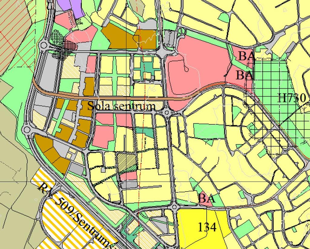 og retningslinjer, i tillegg til nye områder, mindre justeringer og oppdateringer. Kommuneplanen viser planområde som regulert i områdeplan for Sola sentrum.