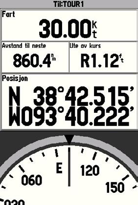 Kompassvisning Kompassvisningen brukes som et hjelpemiddel til navigasjonen. Du kan endre informasjonen som vises i de tre øverste feltene.