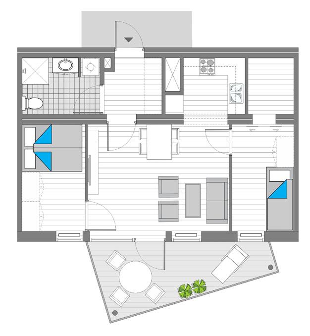 leilighet Type 1A BRA: 55 m 2 / P-ROM: 52m 2 / BALKOG: 12 m 2 isje for vaskemaskin/ tørketrommel. Kjøkken leveres med takhøye overskap.