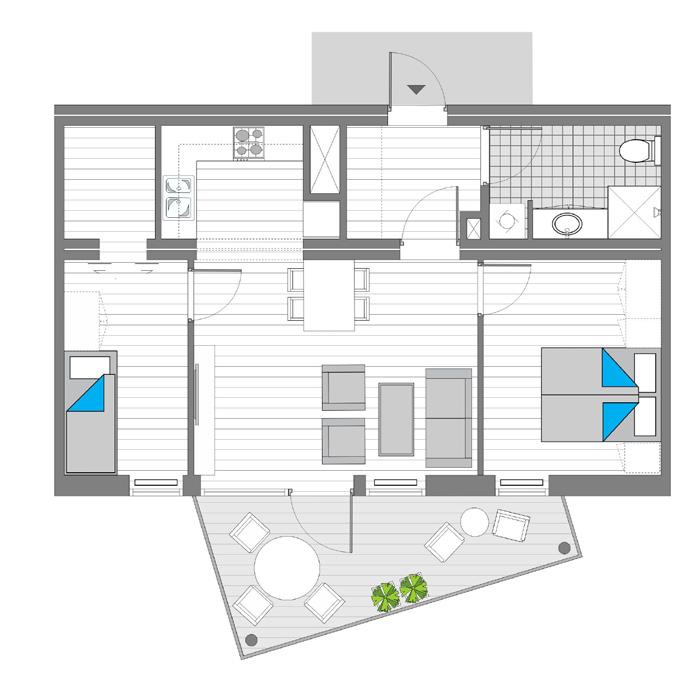 leilighet Type 2A BRA: 60 m 2 / P-ROM: 57 m 2 / BALKOG: 12 m 2 Kjøkken leveres med takhøye overskap. isje for vaskemaskin/ tørketrommel.