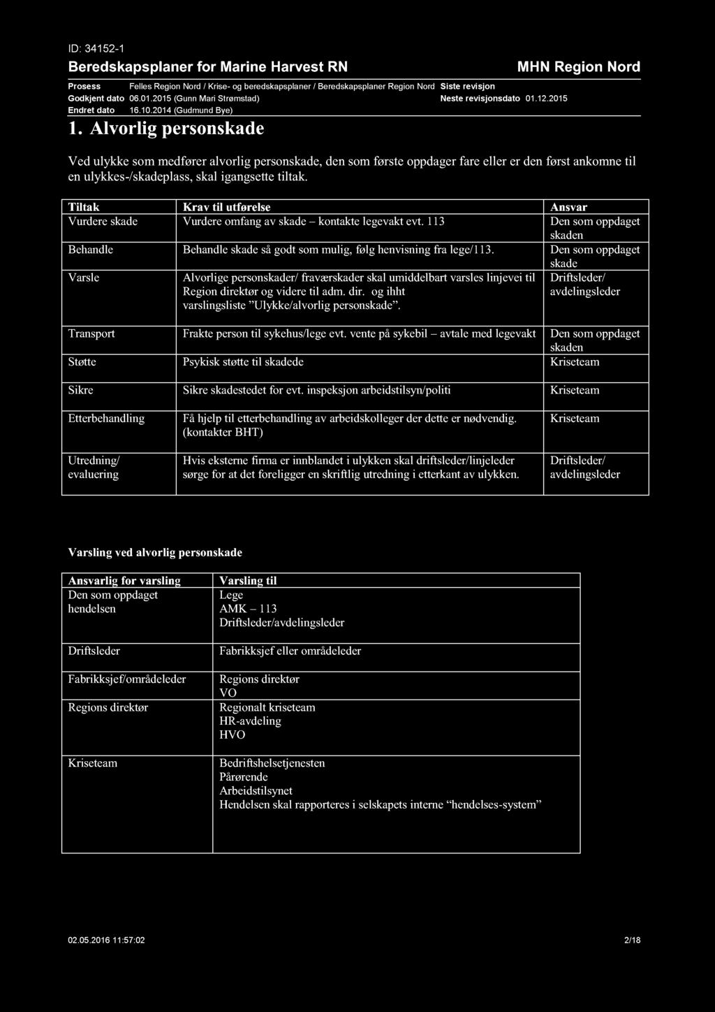 ID: 34152-1 Beredskapsplaner for Marine Harvest RN Prosess Felles Region Nord / Krise - og beredskapsplaner / Beredskapsplaner Region Nord Godkjent dato 06.01.