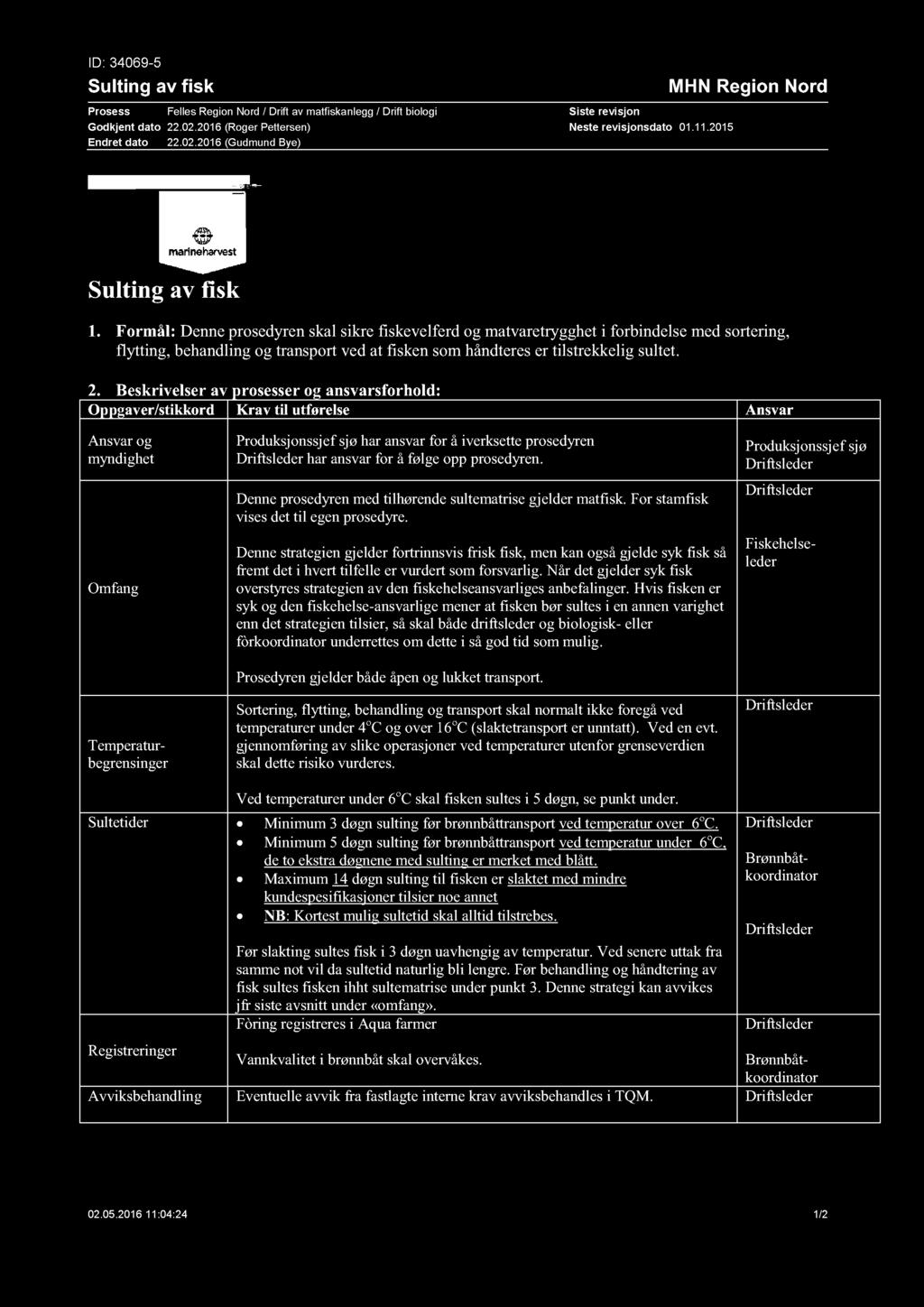 ID: 34069-5 Sulting av fisk Prosess Felles Region Nord / Drift av matfiska nlegg / Drift biologi Godkjent dato 22.02.2016 (Roger Pettersen) Endret dato 22.02.2016 (Gudmund Bye) Neste revisjonsdato 01.