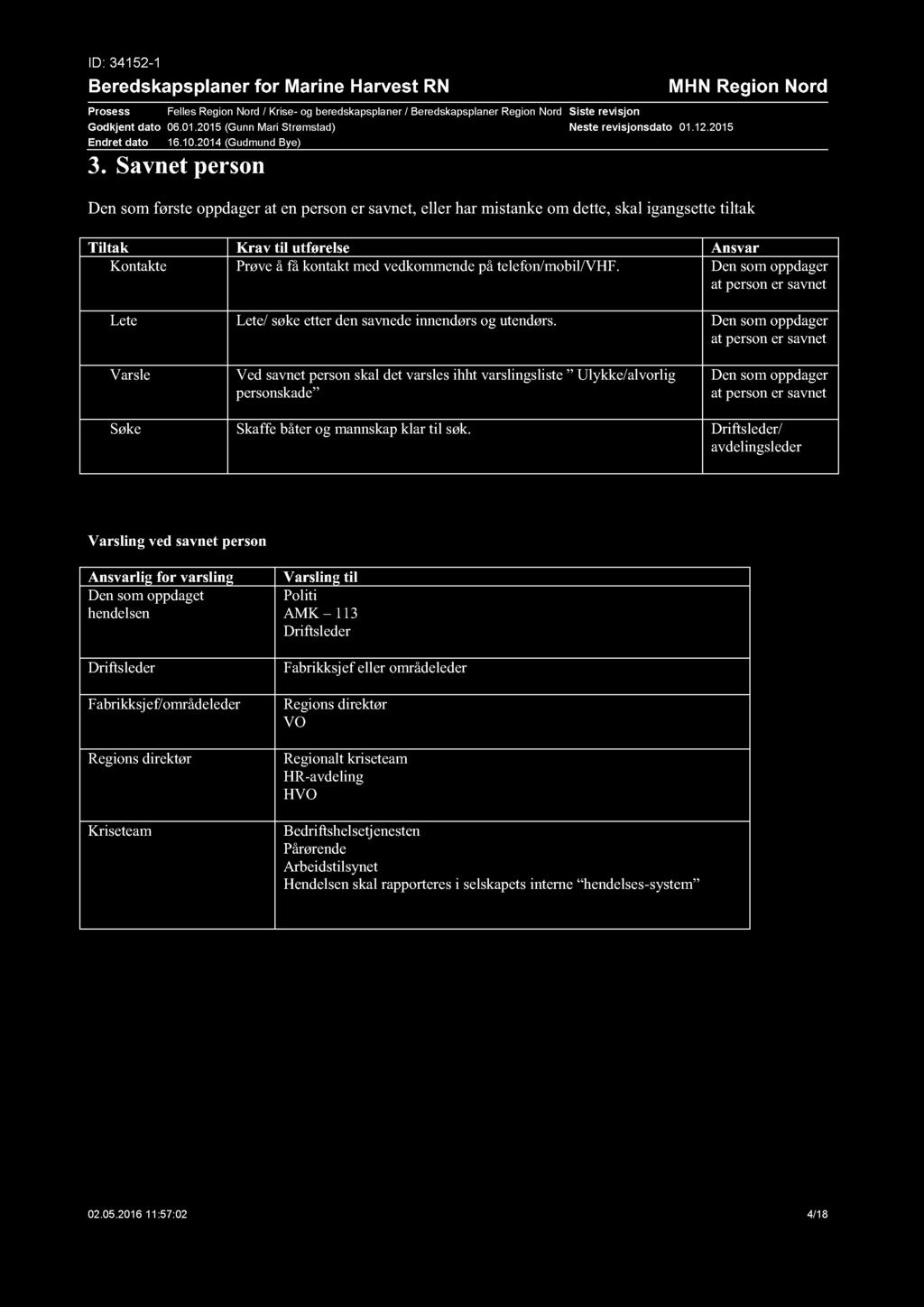 ID: 34152-1 Beredskapsplaner for Marine Harvest RN Prosess Felles Region Nord / Krise - og beredskapsplaner / Beredskapsplaner Region Nord Godkjent dato 06.01.