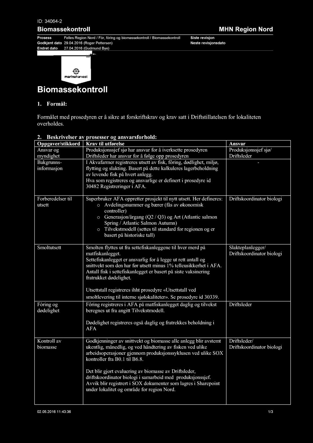 I D: 34064-2 Biomassekontroll Prosess Felles Region Nord / Fòr, fòring og biomassekontroll / Biomassekontroll Godkjent dato 29.04.2016 (Roger Pettersen) Endret dato 27.04.2016 (Gudmund Bye) Neste revisjonsdato Biomassekontroll 1.