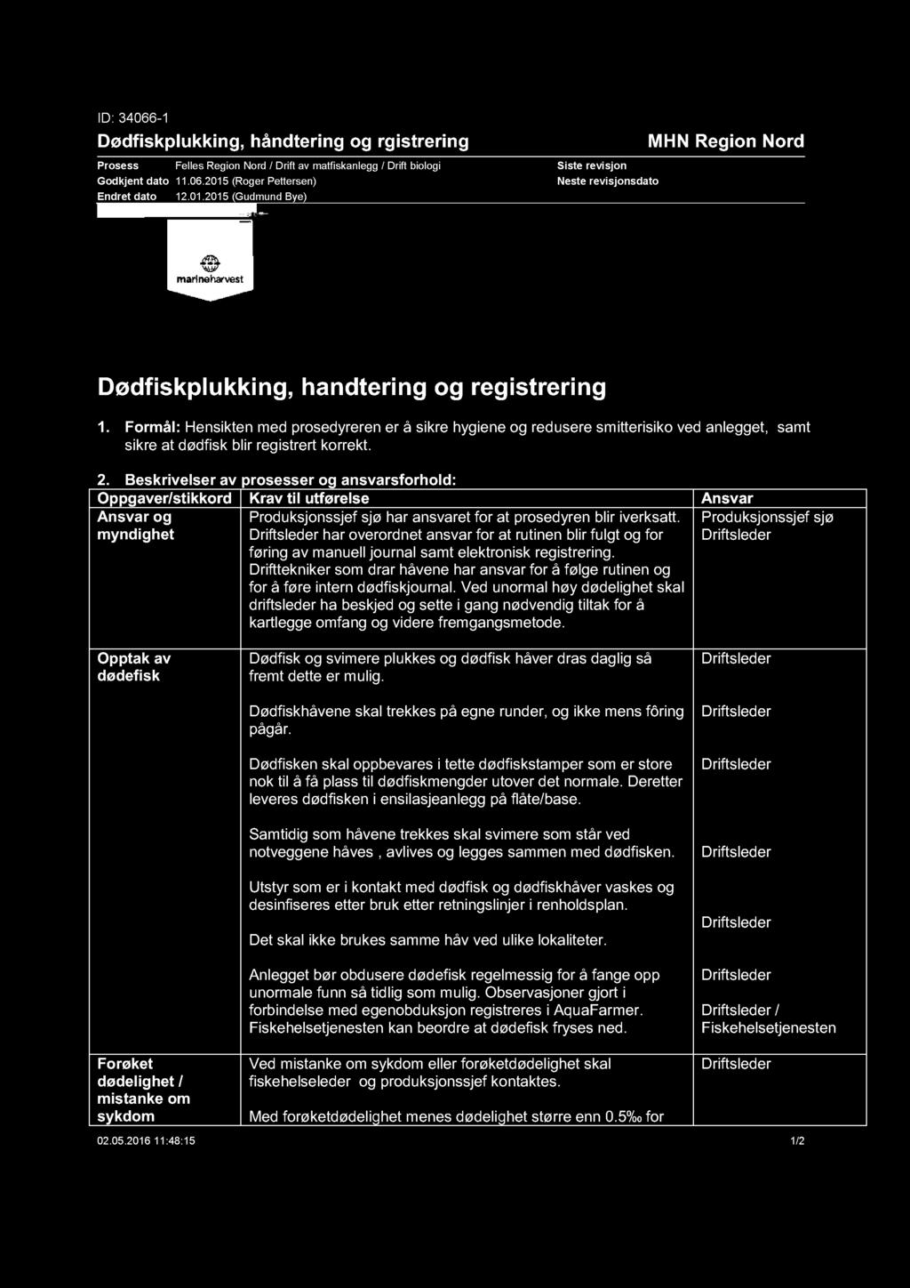 ID: 34066-1 Dødfiskplukking, håndtering og rgistrering Prosess Felles Region Nord / Drift av matfiskanlegg / Drift biologi Godkjent dato 11.06.2015