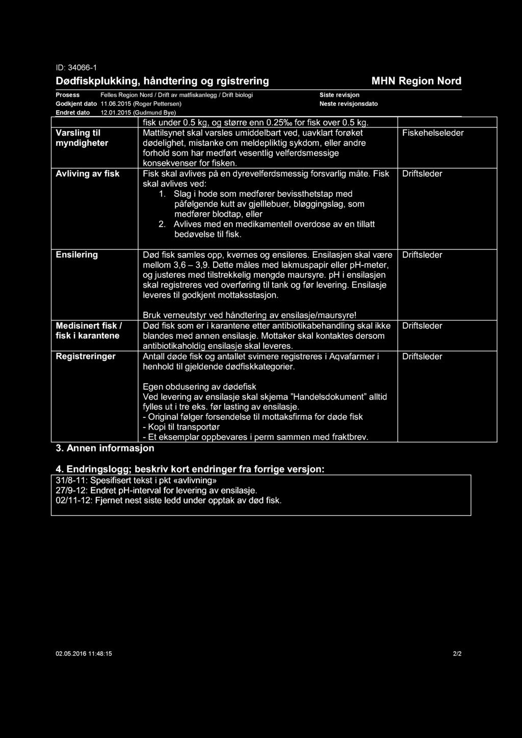 ID: 34066-1 Dødfiskplukking, håndtering og rgistrering Prosess Felles Region Nord / Drift av matfiskanlegg / Drift biologi Godkjent dato 11.06.2015