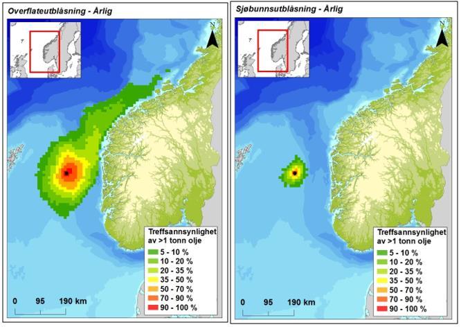 Figur 4-1 Sannsynligheten for treff av mer enn 1 tonn olje i 10 10 km sjøruter gitt en overflateutblåsning og sjøbunnsutblåsning fra letebrønnen i Krafla Main Statfjord 8 ½ seksjon årlig.