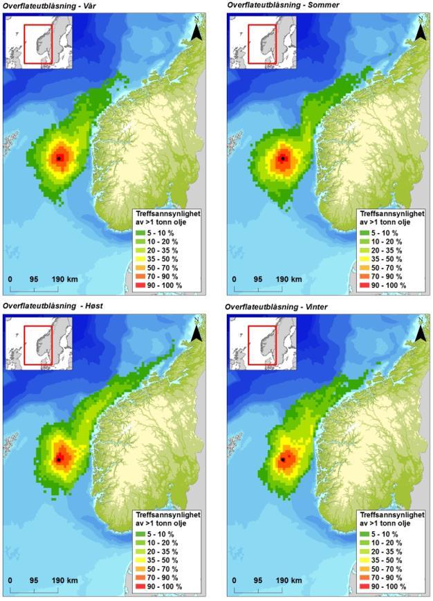 Figur 4-2 Sannsynligheten for treff av mer enn 1 tonn olje i 10 10 km sjøruter gitt en overflateutblåsning fra letebrønnen i Krafla Main Statfjord 8 ½ seksjon i hver sesong.