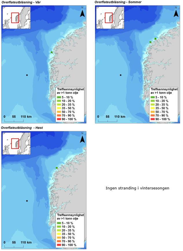 Figur 4-4 Sannsynligheten for treff av mer enn 1 tonn olje i 10 10 km kystruter gitt en overflateutblåsning fra letebrønnen Krafla Main Statfjord (8 ½ ) i hver sesong.