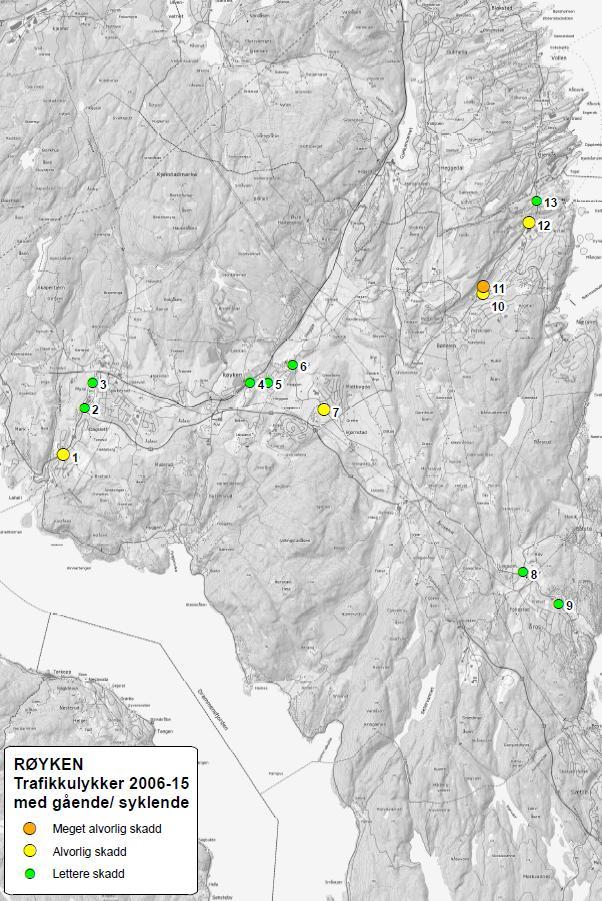 Trafikksikkerhetsplan Røyken, strategidel 14 av 27 Figur 4 Politirapporterte personskadeulykker med gående og syklende I 10-årsperioden 2006-2015 er det registrert 13 politirapporterte