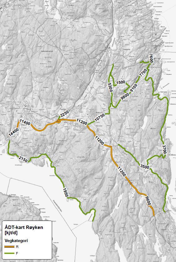 Trafikksikkerhetsplan Røyken, strategidel 16 av 27 5.8 Trafikkmengder Rv 23 har ÅDT på mer enn 14 000 i vest og mindre enn 10 000 i øst.