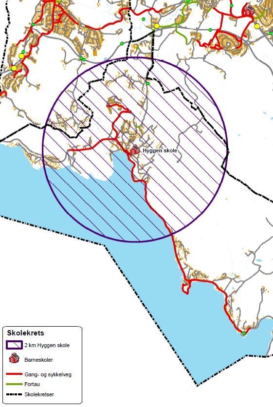 Trafikksikkerhetsplan Røyken, strategidel 20 av 27 5.9.4 Hyggen Figur 9 Tilbud til gående og syklende Hyggen skole Det er gang- og sykkelvei langs Grimsrudveien.