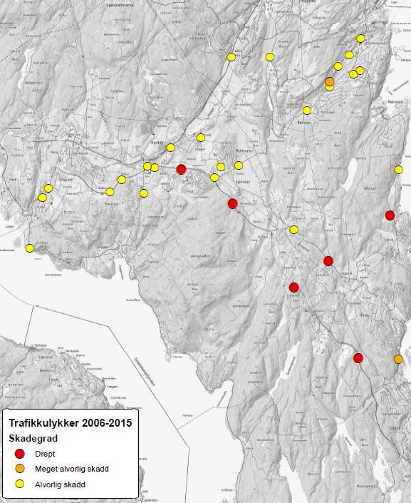 røyken kommune 2006 2015 6 av 11 Figur 5 Ulykkeskart ulykker med drepte og hardt skadde 2006 2015 De fleste alvorlige ulykkene skjer i området Røyken sentrum og ved Slemmestad.