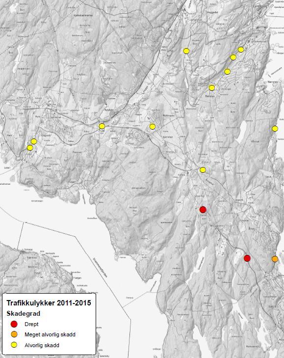 røyken kommune 2006 2015 7 av 11 Figur 6 Ulykkeskart med drepte og hardt skadde 2011 2015 Ulykkene med drepte og hardt skadde har vært spredt rundt i kommunen.