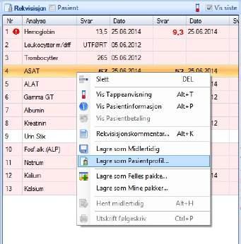 4 Pasientprofiler For pasienter som kommer regelmessig til prøvetaking og hvor de samme analysene skal kontrolleres hver gang, kan det lages pasientprofiler. Rekvirer ønskede analyser i Fürst Forum.
