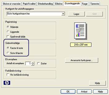 Kapittel 7 Følg disse trinnene for å angi siderekkefølge: 1 Åpne dialogboksen Skriveregenskaper. 2 Klikk på kategorien Grunnleggende.