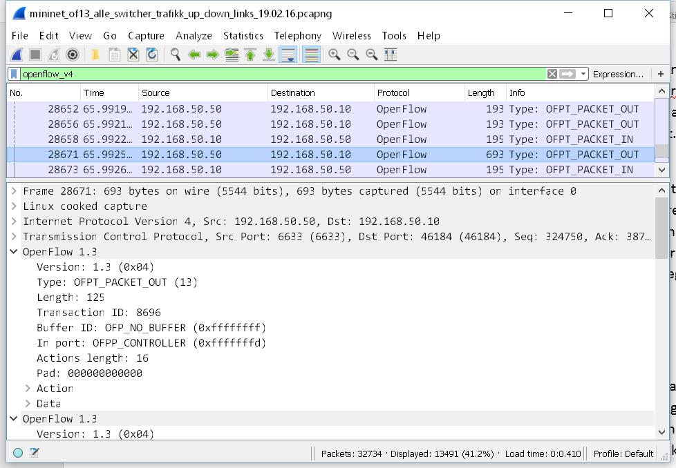 5.2.3 Wireshark Wireshark [56 er et verktøy for å fange og analyse pakker, og støtter også OpenFlow pakker.
