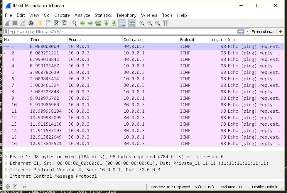 Utskriften i Figur 28 viser at ping gjennomføres uten problemer, og hostene kan kommunisere. mininet> h1 ping 30.0.0.3 PING 30.0.0.3 (30.0.0.3) 56(84) bytes of data. 64 bytes from 30.0.0.3: icmp_seq=1 ttl=64 time=0.