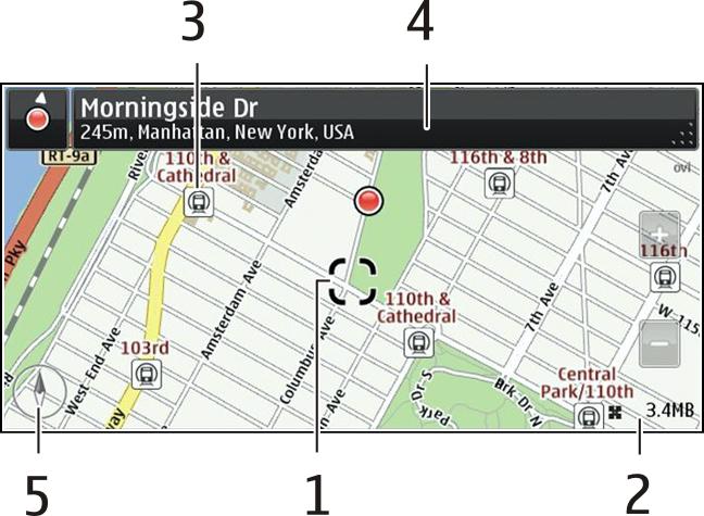 74 Kart Kartvisning 1 Valgt posisjon 2 Indikatorområde 3 Interessepunkt (for eksempel en jernbanestasjon eller et museum) 4 Informasjonsområde 5 Kompass Endre kartets utseende Vis kartet i ulike