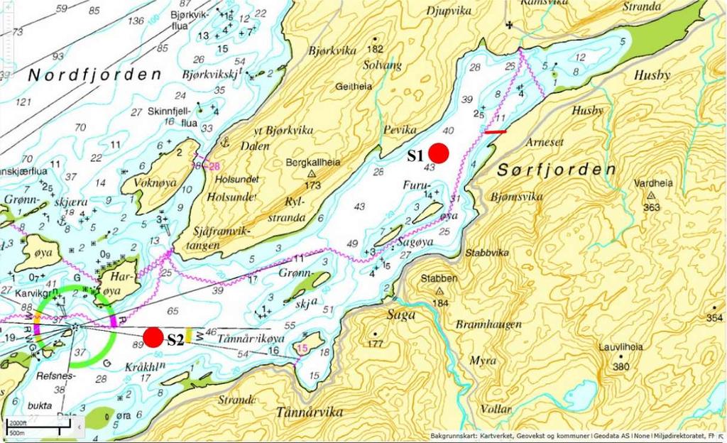 Sørfjorden Rissa kommune oppgir utslippet av kommunalt avløpsvann ligger relativt grunt og i Figur 3 er traseen for utslippsledningen antydet med rød strek. Mot vest har Sørfjorden en terskel på ca.