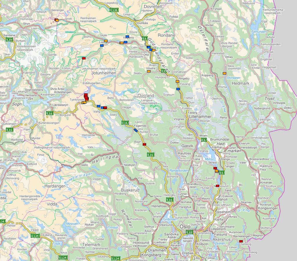 Rapport nr 2011034076-17 Skredsikringsplan for Region aust Figur 1. Kart over lokalitetar omhandla i skredsikringsplanen for Region aust.