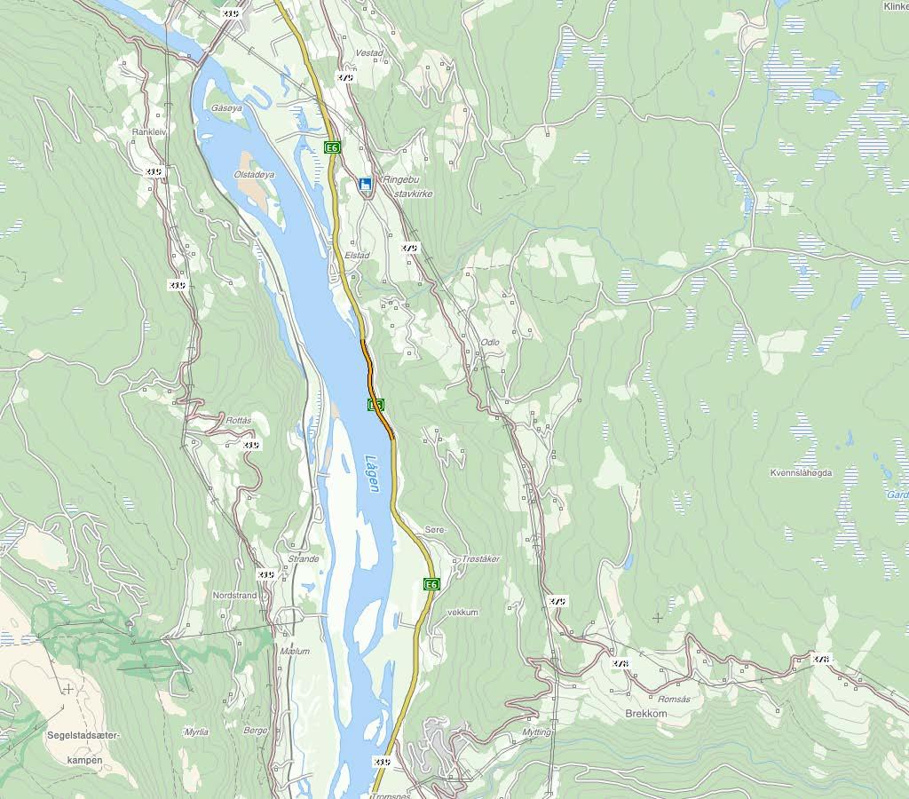 E6 FÅVANG-ELSTAD SIDE 1 AV 2 Kart i målestokk 1:50 000. Aktuell strekning er synt som gul strek i raud sirkel.