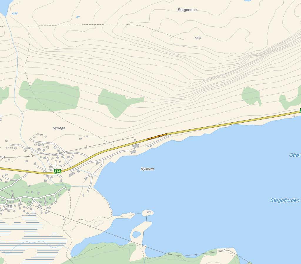 E16 NYSTUEN SIDE 2 AV 2 Kart i målestokk 1:10 000. Aktuell strekning er synt som gul strek i raud sirkel. TRAFIKKTILHØVE KOSTNAD Årsdøgntrafikk (ÅDT) 2011 706 Anslag (mill.