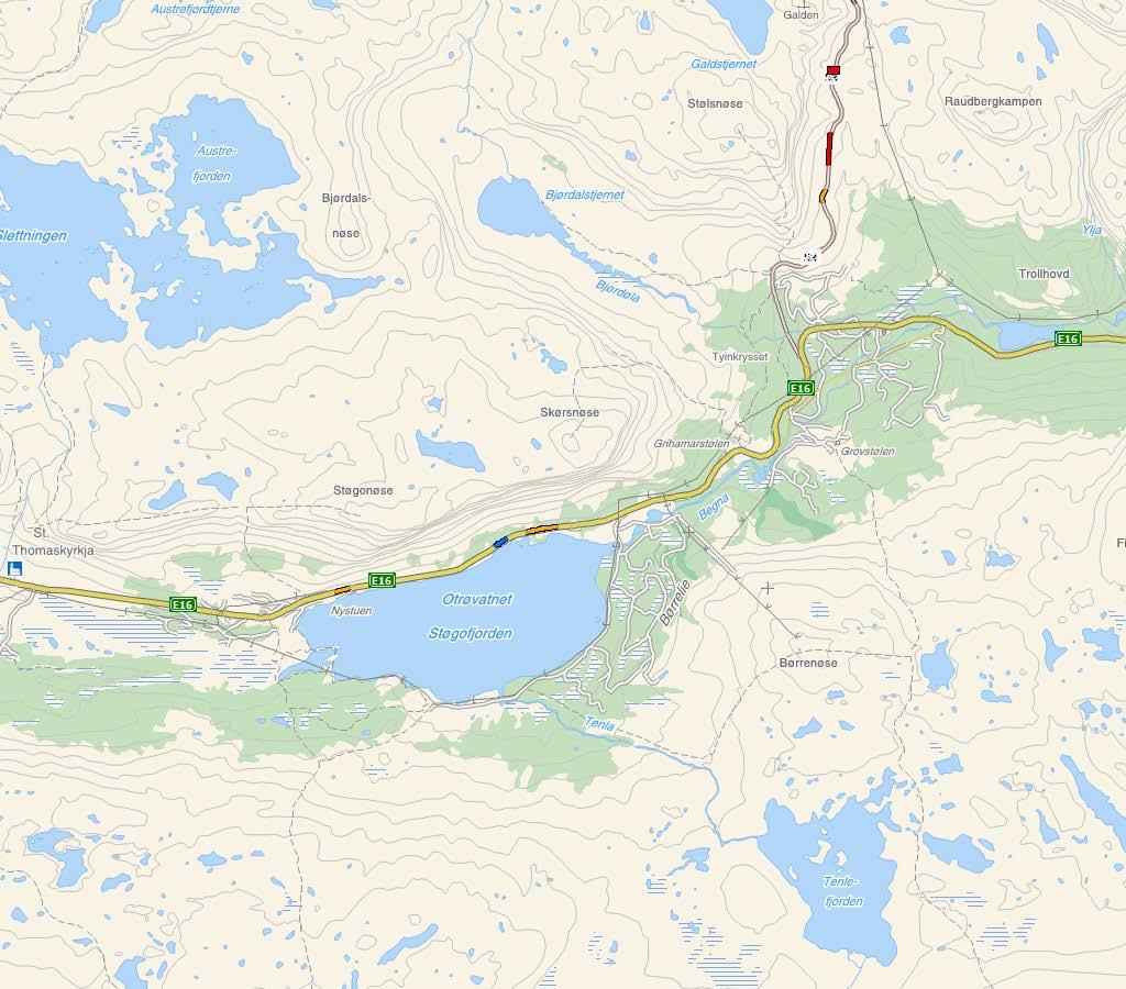 E16 AUST FOR MYRAVIKE SIDE 1 AV 2 Kart i målestokk 1:50 000. Aktuell strekning er synt som gul strek i raud sirkel.