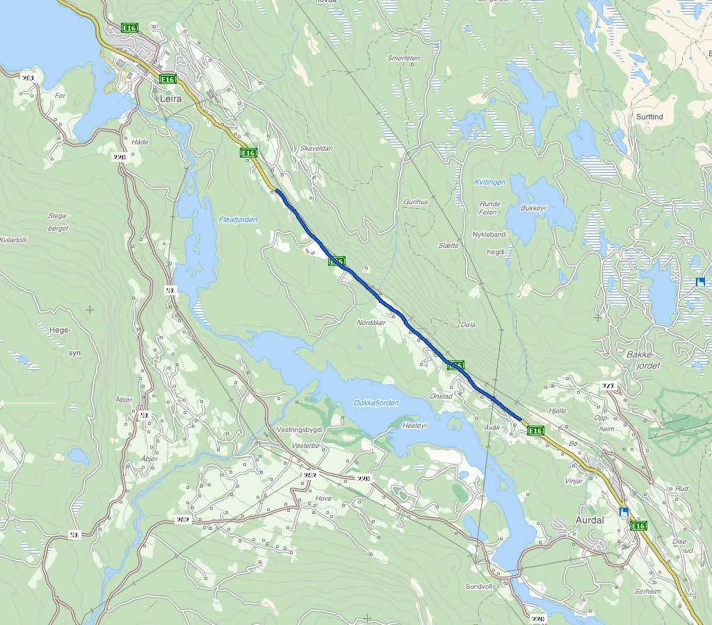 E16 AURDAL-LEIRA SIDE 1 AV 2 Kart i målestokk 1:50 000. Aktuell strekning er synt som blå strek.