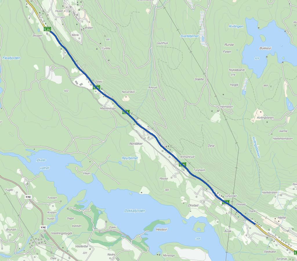 E16 AURDAL-LEIRA SIDE 2 AV 2 Kart i målestokk 1:25 000. Aktuell strekning er synt som blå strek. TRAFIKKTILHØVE KOSTNAD Årsdøgntrafikk (ÅDT) 2011 4355 Anslag (mill.