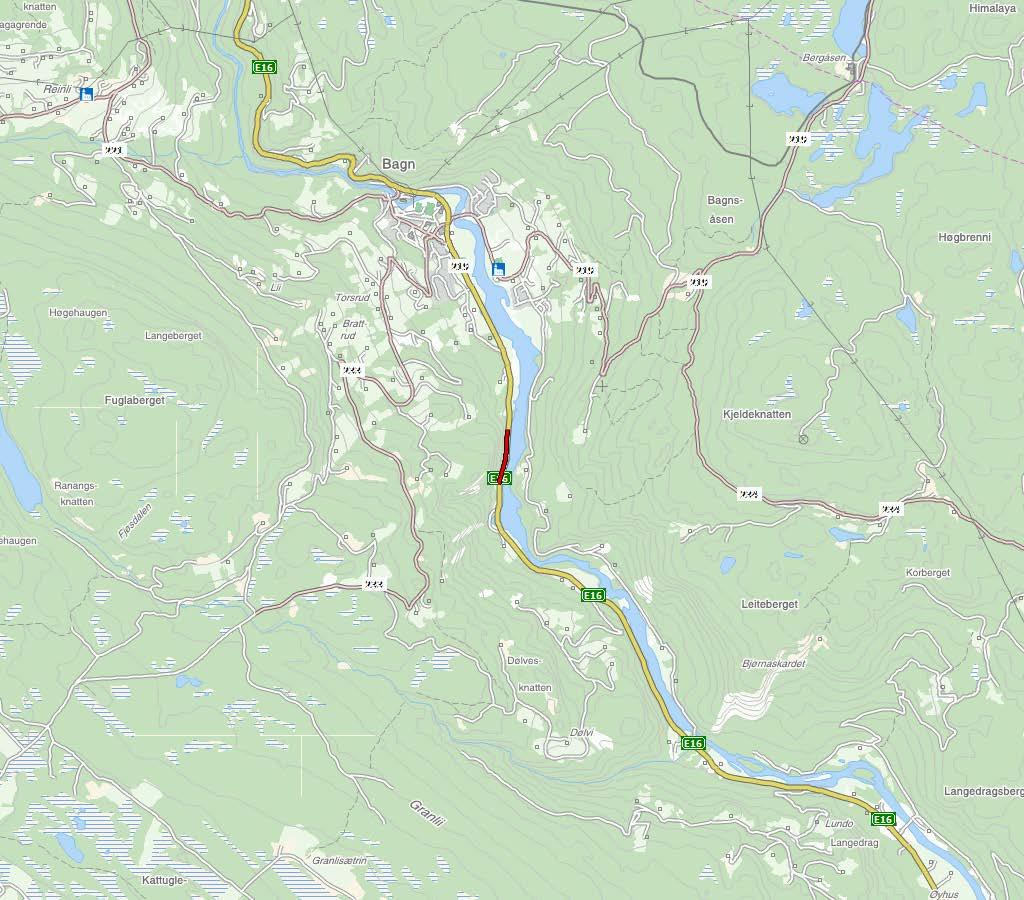 E16 BERGSUND SIDE 1 AV 2 Kart i målestokk 1:50 000. Aktuell strekning er synt som raud strek sør for Bagn sentrum.