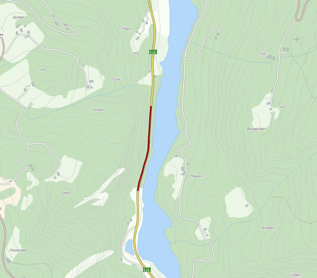 E16 BERGSUND SIDE 2 AV 2 Kart i målestokk 1:10 000. Aktuell strekning er synt som raud strek. TRAFIKKTILHØVE KOSTNAD Årsdøgntrafikk (ÅDT) 2010 2320 Anslag (mill.