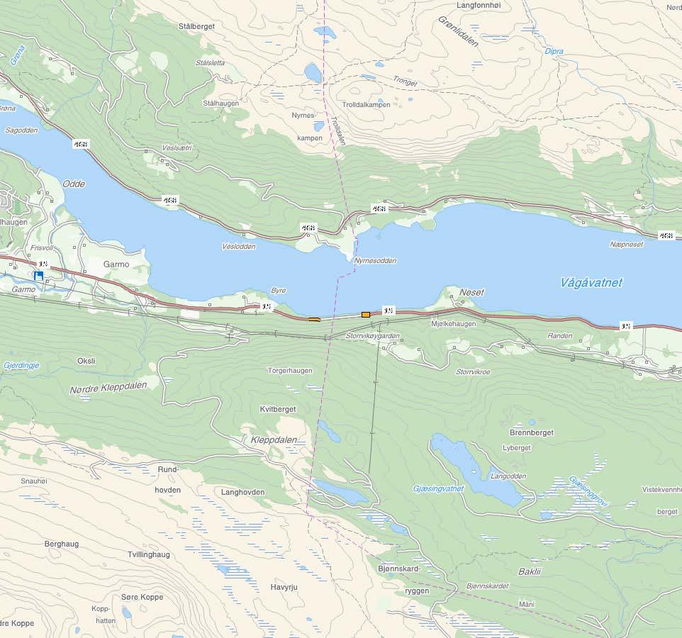 RV. 15 AUST FOR BYRBERGTUNNELEN SIDE 1 AV 2 Kart i målestokk 1:50 000. Aktuell strekning er synt som oransje strek i raud sirkel.