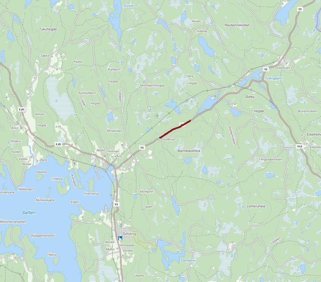 FV. 21 BJØRNBASSHEIA SIDE 1 AV 2 Kart i målestokk 1:50 000. Aktuell strekning er synt som raud strek.