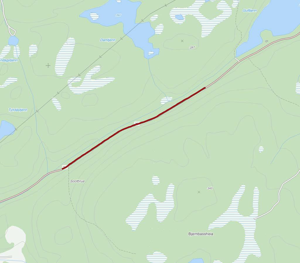 FV. 21 BJØRNBASSHEIA SIDE 2 AV 2 Kart i målestokk 1:10 000. Aktuell strekning er synt som raud strek. TRAFIKKTILHØVE KOSTNAD Årsdøgntrafikk (ÅDT) 2010 1600 Anslag (mill.