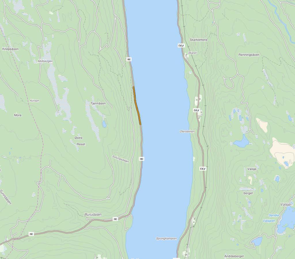 FV. 30 BURUHAMMEREN-SOLUNGDALSBEKKEN SIDE 1 AV 2 Kart i målestokk 1:50 000. Aktuell strekning er synt som gul strek i raud sirkel.