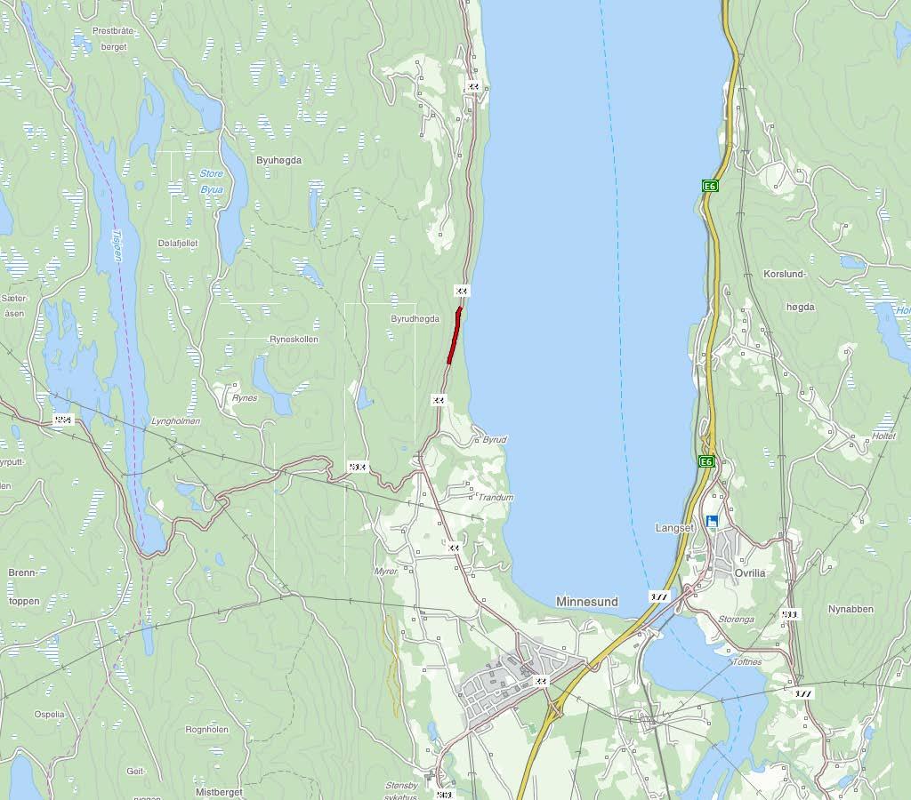 FV. 33 BYRUDHØGDA SIDE 1 AV 2 Kart i målestokk 1:50 000. Aktuell strekning er synt som raud strek.