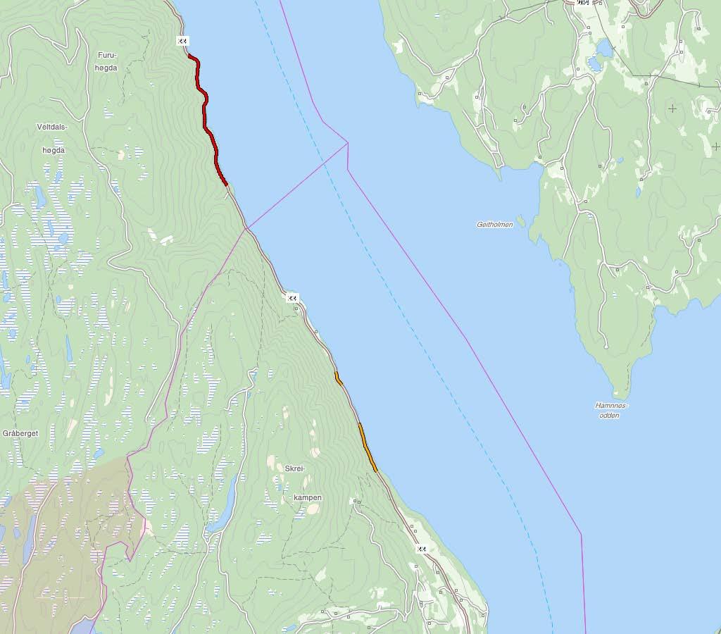 FV. 33 SKREIKAMPEN NORD SIDE 1 AV 2 Kart i målestokk 1:50 000. Aktuell strekning er synt som gul strek i raud sirkel.