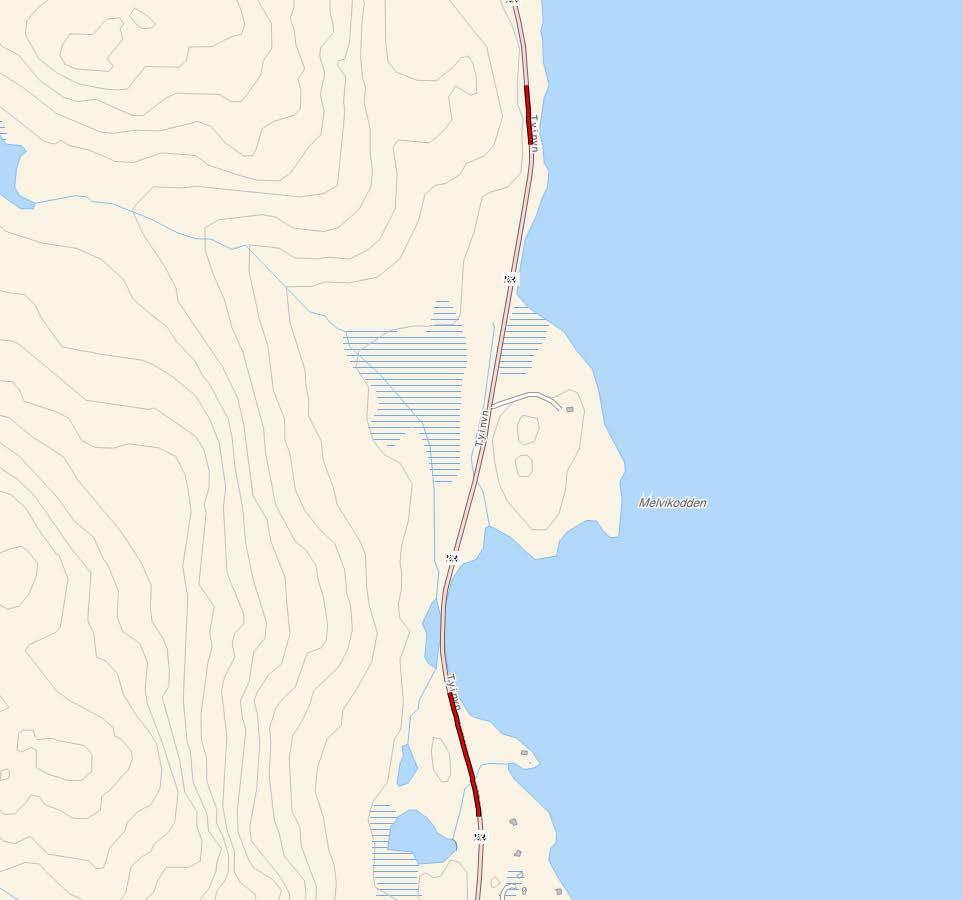 FV. 53 GAMLE VARDEN SIDE 2 AV 2 Kart i målestokk 1:10 000. Aktuell strekning er synt som raud strek i raud sirkel. TRAFIKKTILHØVE KOSTNAD Årsdøgntrafikk (ÅDT) 2009 305 Anslag (mill.