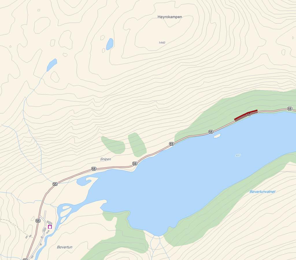 FV. 55 BØVERTUNVATNET SIDE 2 AV 2 Kart i målestokk 1:10 000. Aktuell strekning er synt som raud strek i raud sirkel. TRAFIKKTILHØVE KOSTNAD Årsdøgntrafikk (ÅDT) 2010 267 Anslag (mill.