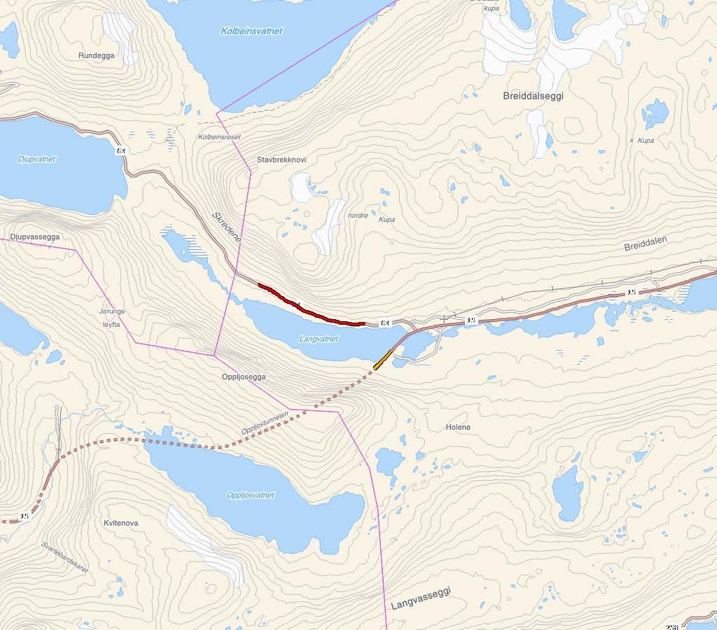 FV. 63 STAVBREKKA SIDE 1 AV 2 Kart i målestokk 1:50 000. Aktuell strekning er synt som raud strek nord for Langvatnet.