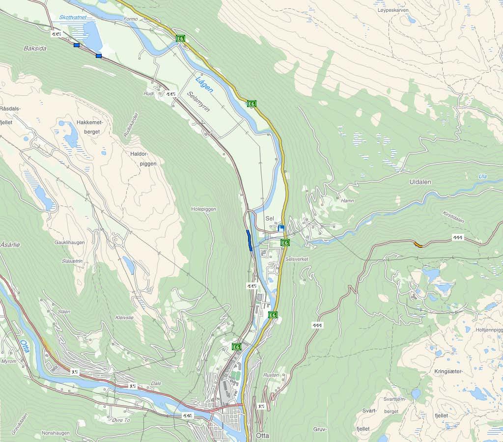 FV. 444 BREISKRIU MELLOM OTTA OG MYSUSÆTER SIDE 1 AV 2 Kart i målestokk 1:50 000. Aktuell strekning er synt med gul strek i raud sirkel.