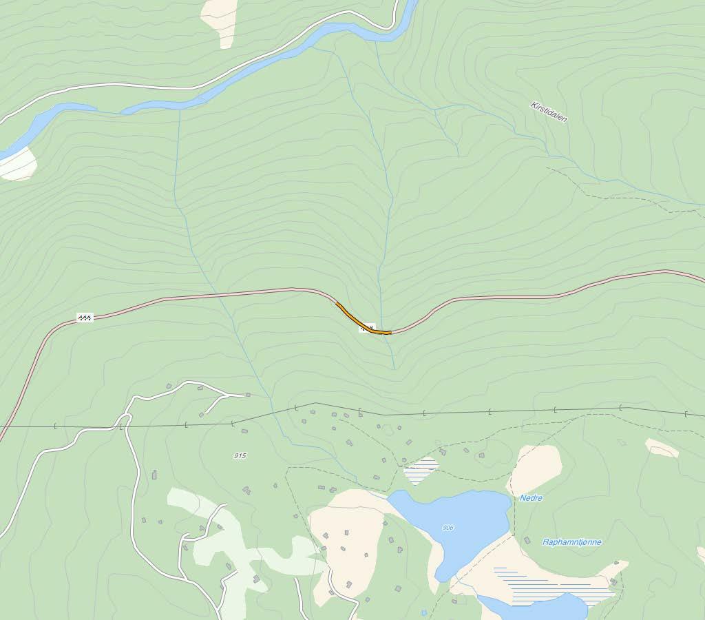 FV. 444 BREISKRIU MELLOM OTTA OG MYSUSÆTER SIDE 2 AV 2 Kart i målestokk 1:10 000. Aktuell strekning er synt med gul farge. TRAFIKKTILHØVE KOSTNAD Årsdøgntrafikk (ÅDT) 2010 415 Anslag (mill.