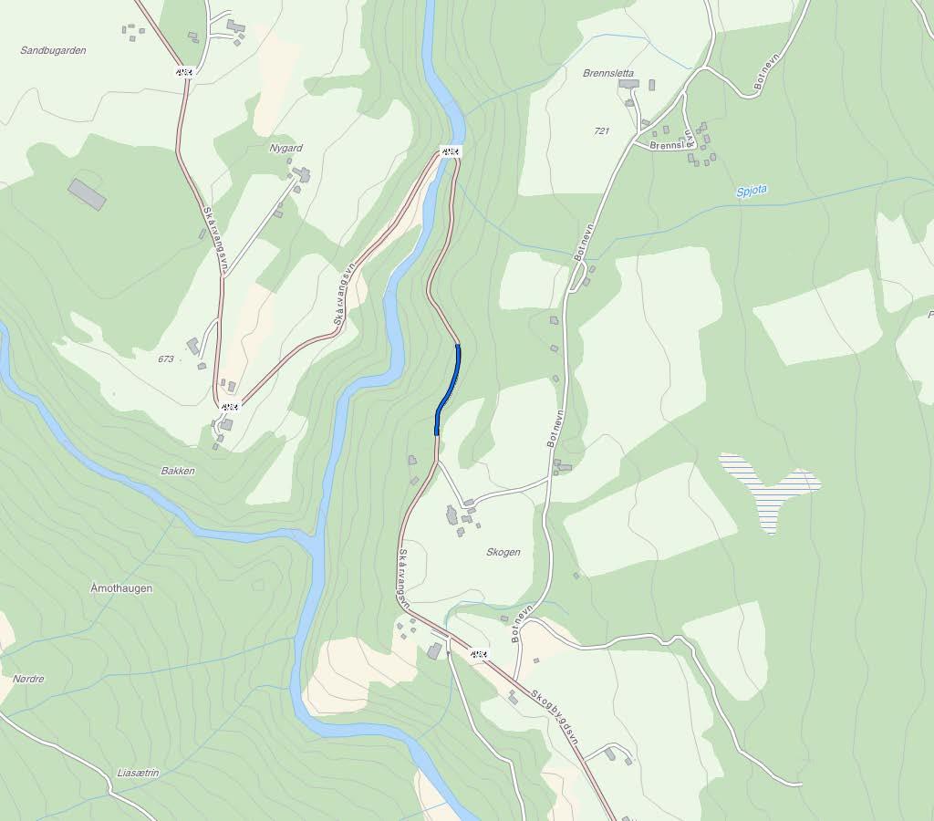 FV. 453 SKJERVEGJELET SIDE 2 AV 2 Kart i målestokk 1:10 000. Aktuell strekning er synt som blå strek i raud sirkel. TRAFIKKTILHØVE KOSTNAD Årsdøgntrafikk (ÅDT) 181 Anslag (mill.